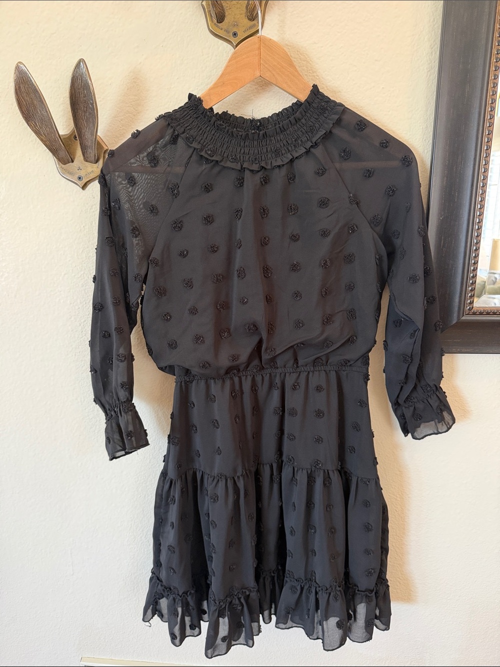 Smocked Neck Black Long-Sleeve Tiered Girls' Dress